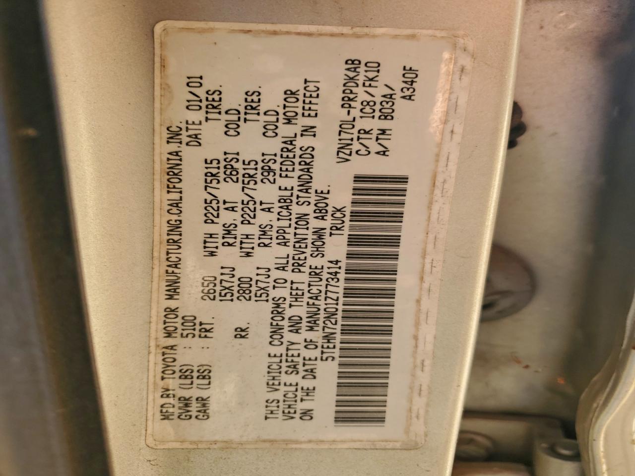 2001 Toyota Tacoma Double Cab VIN: 5TEHN72N01Z773414 Lot: 95983655