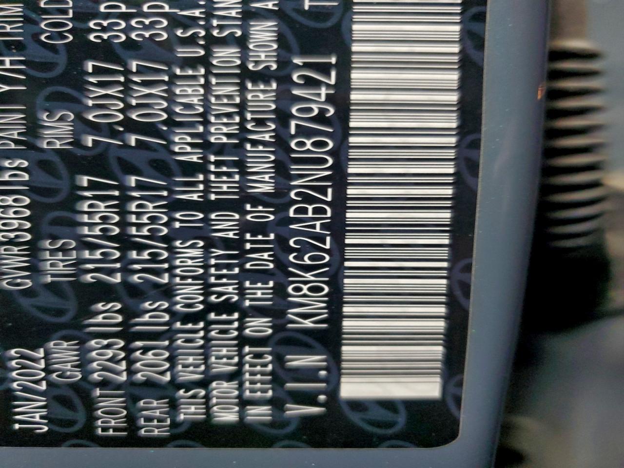 2022 Hyundai Kona Sel VIN: 879421 Lot: 96847625