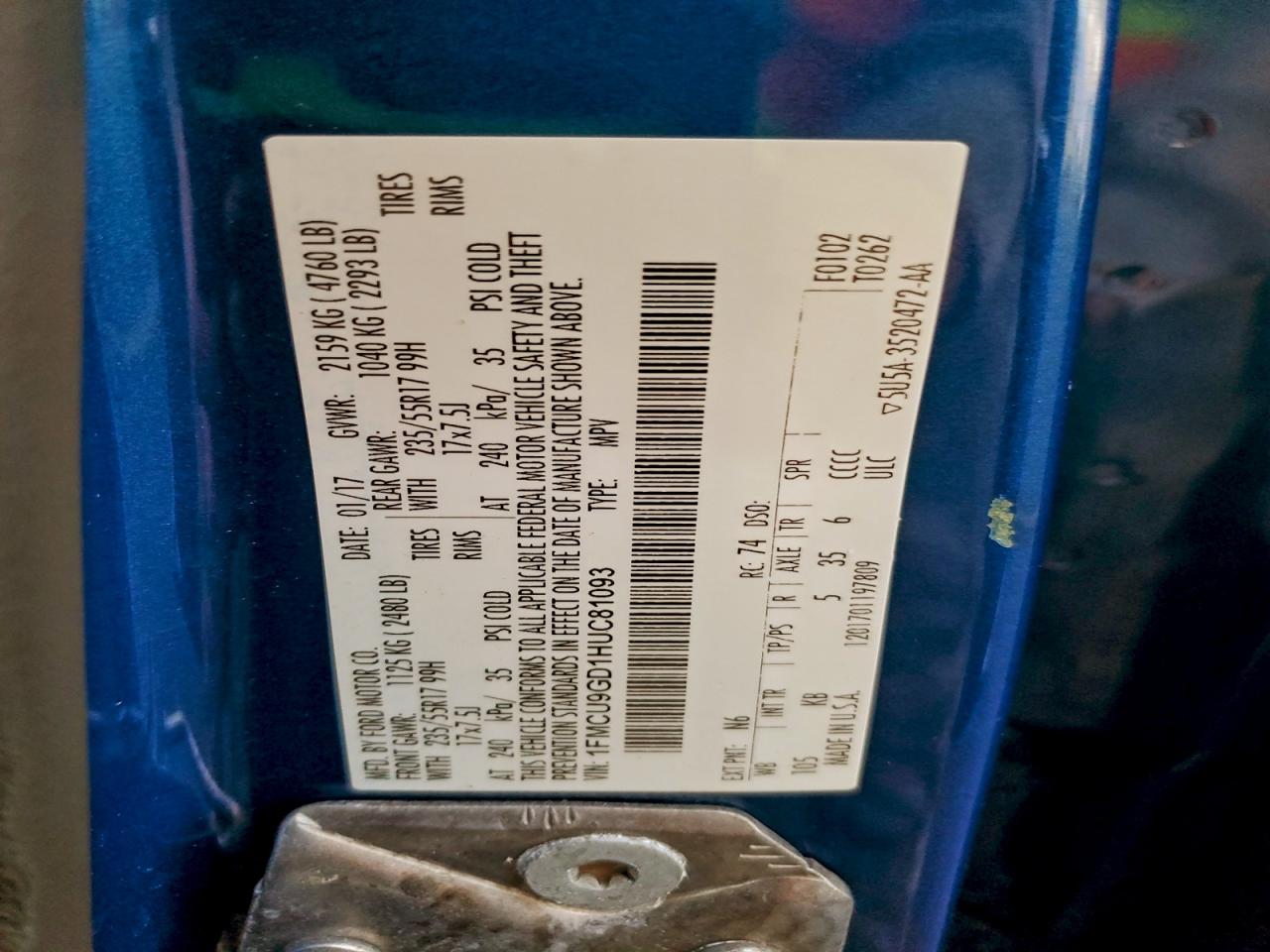 2017 Ford Escape Se VIN: 1FMCU9GD1HUC81093 Lot: 95966365