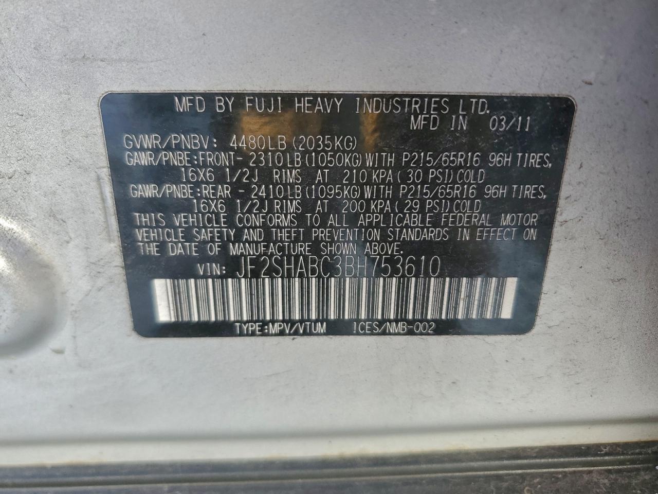 2011 Subaru Forester 2.5X VIN: JF2SHABC3BH753610 Lot: 95671835