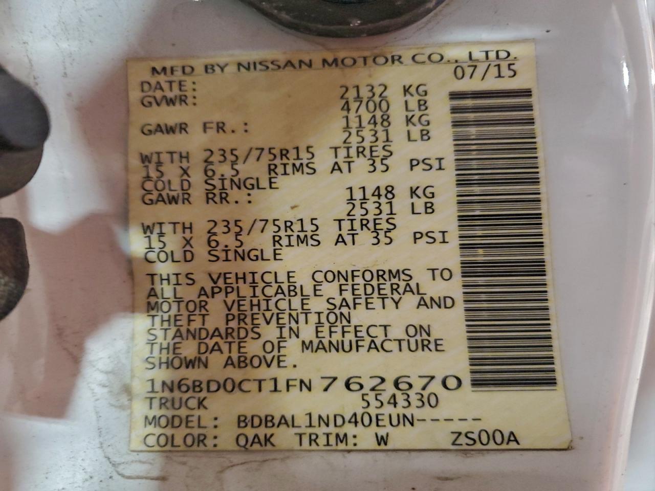 2015 Nissan Frontier S VIN: 1N6BD0CT1FN762670 Lot: 94729515