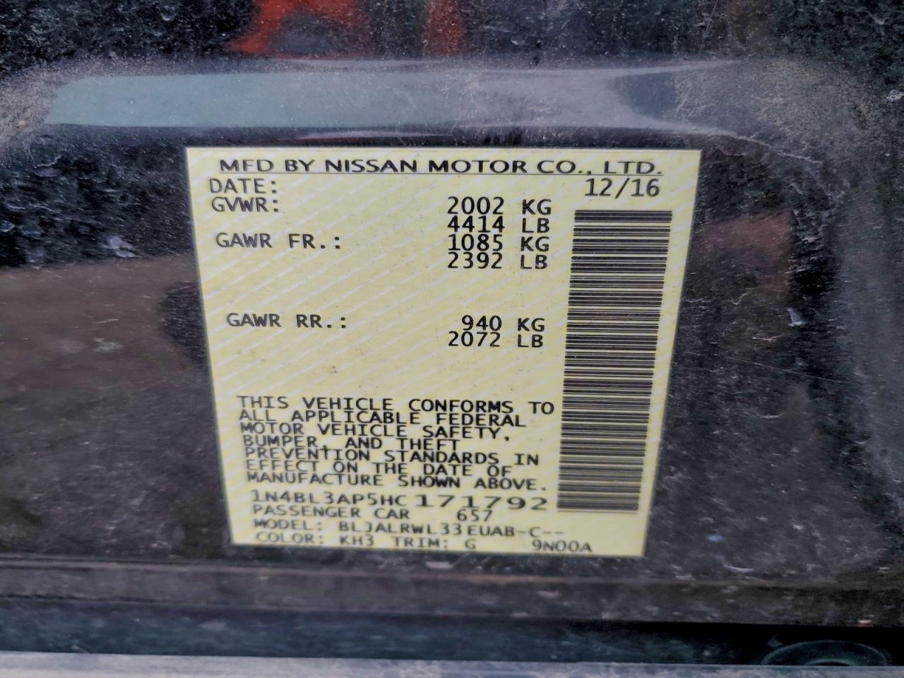 2017 Nissan Altima 3.5Sl VIN: 1N4BL3AP5HC171792 Lot: 95287575