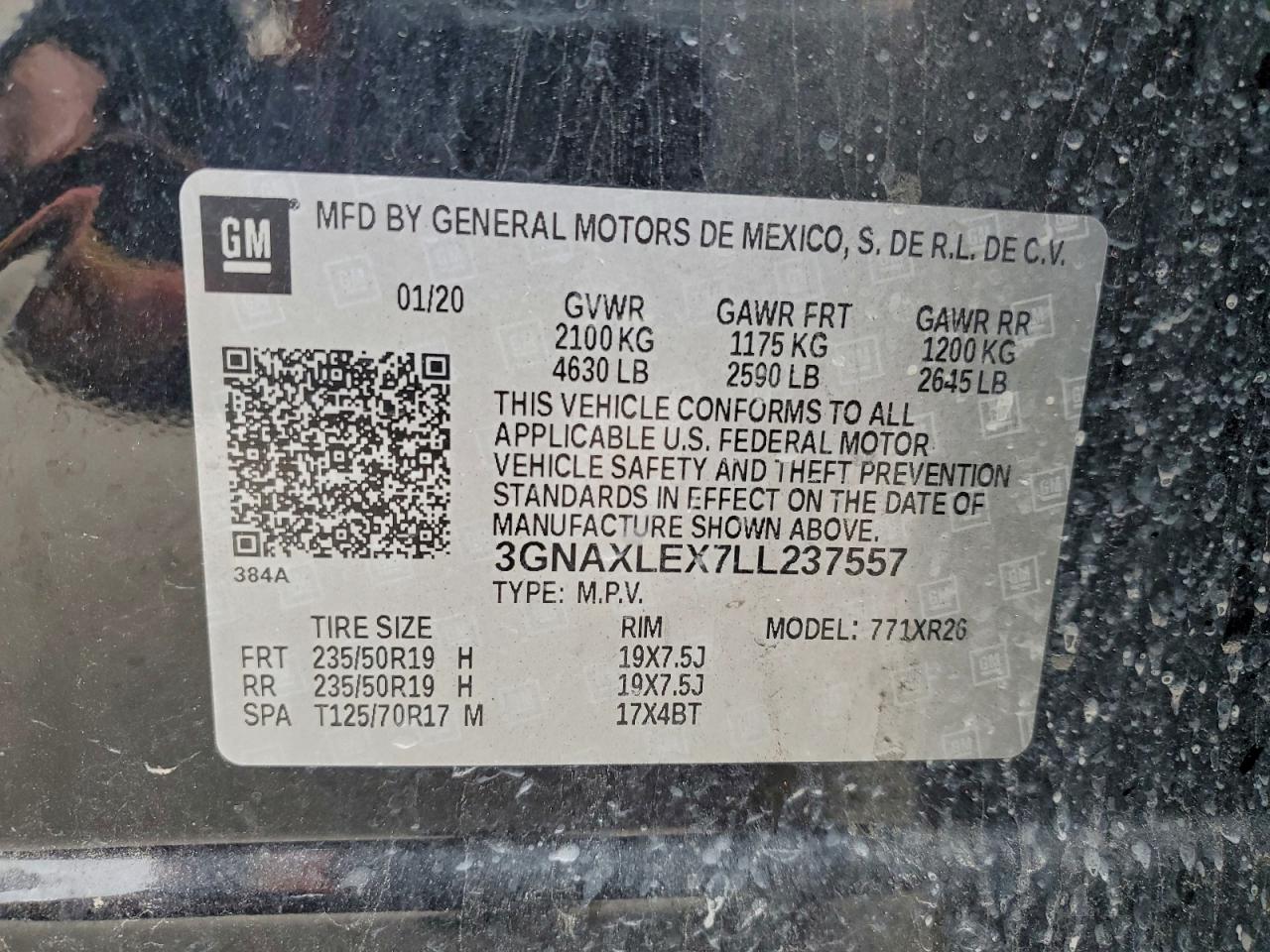 2020 Chevrolet Equinox Lt VIN: 3GNAXLEX7LL237557 Lot: 97220355