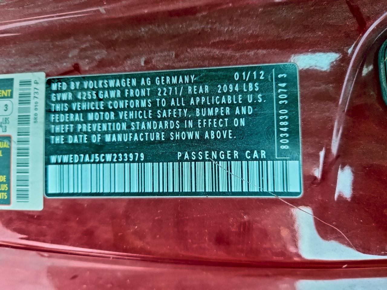 2012 Volkswagen Gti VIN: WVWED7AJ5CW233979 Lot: 95433865