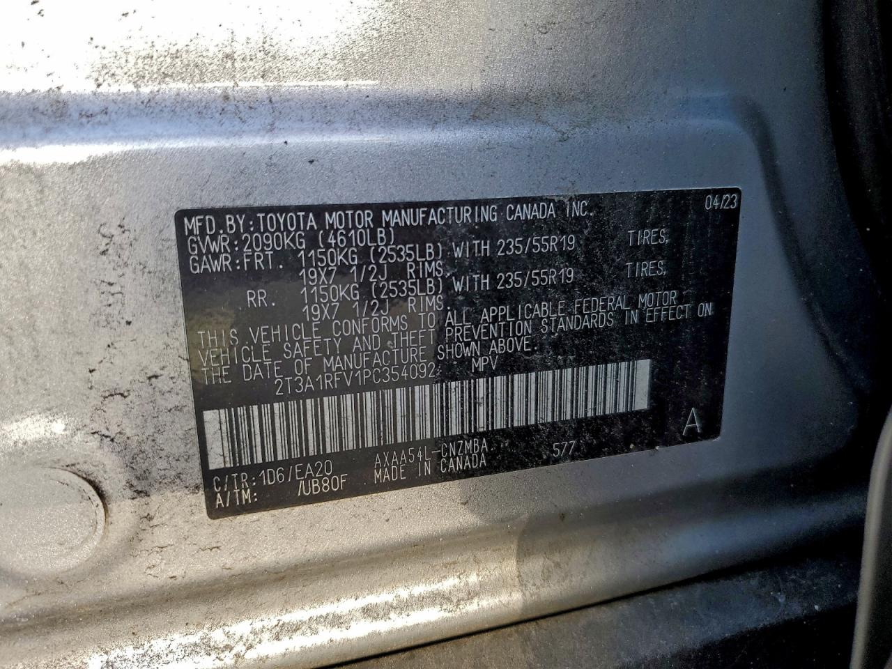 2023 Toyota Rav4 Xle Premium VIN: 2T3A1RFV1PC354092 Lot: 94862355