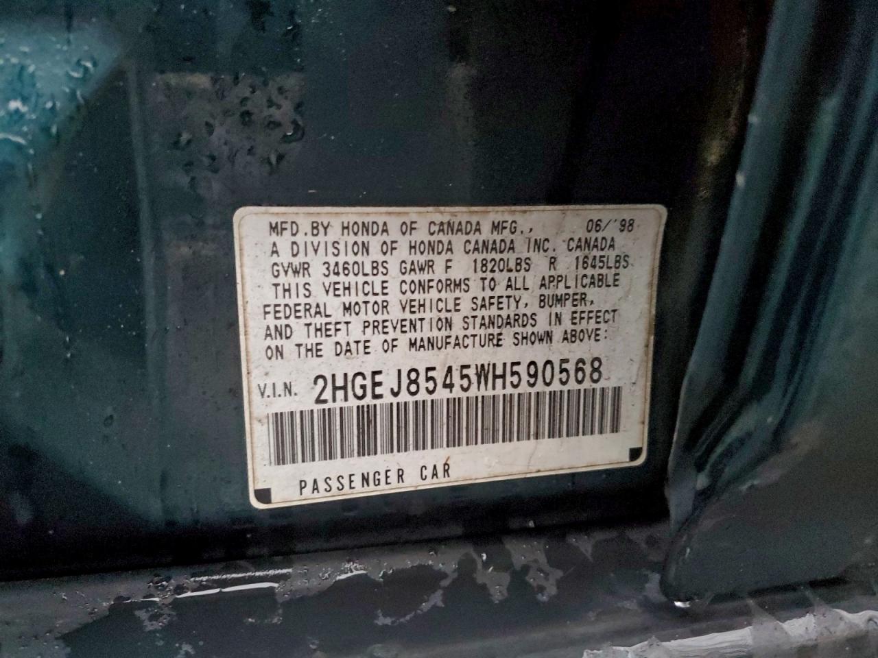 1998 Honda Civic Ex VIN: 2HGEJ8545WH590568 Lot: 96409995