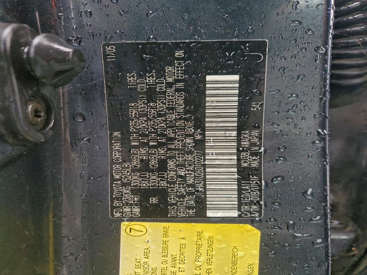 2006 Lexus Rx 330 VIN: JTJHA31U260102277 Lot: 95435325