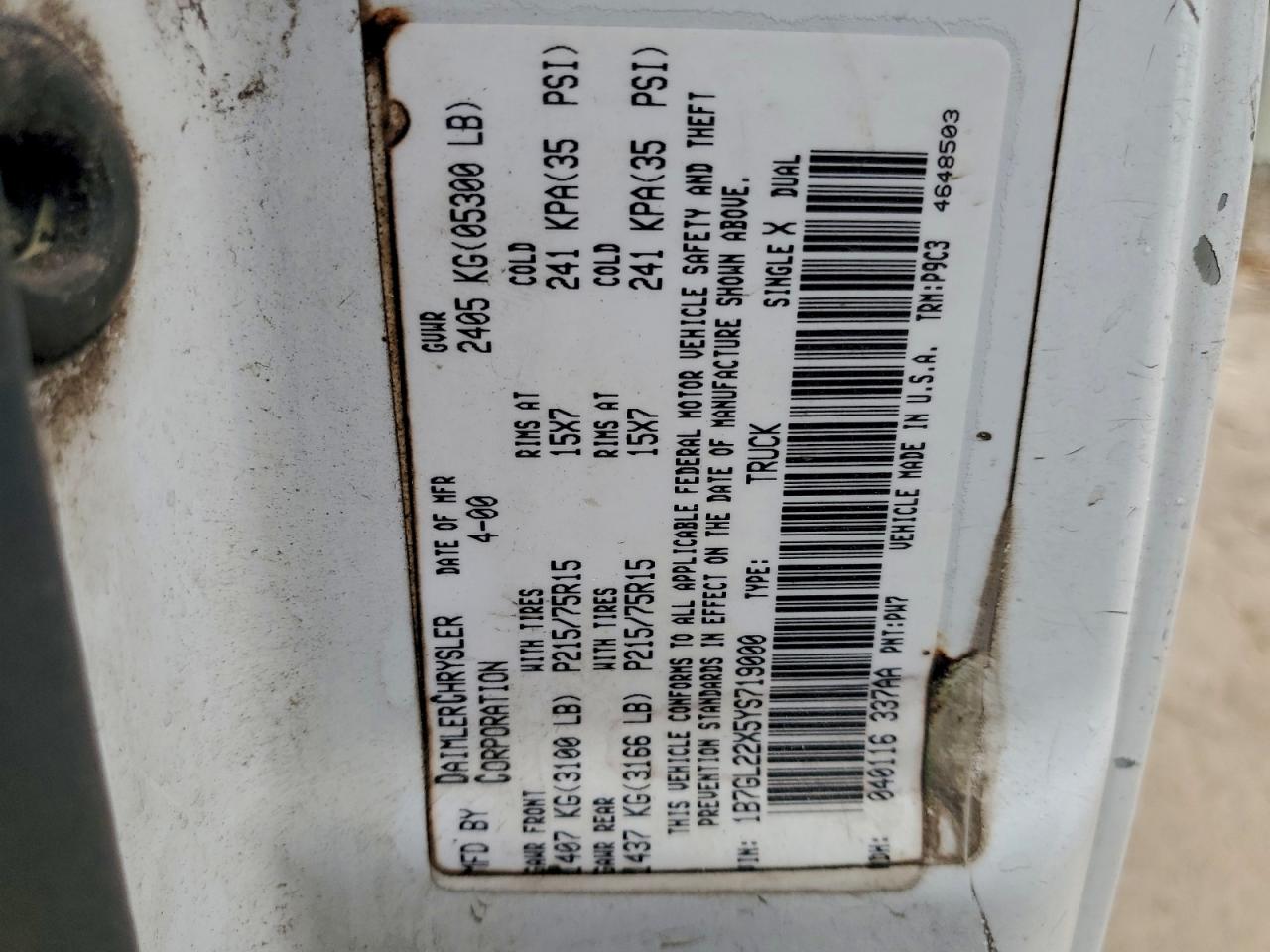 2000 Dodge Dakota VIN: 1B7GL22X5YS719000 Lot: 94600945