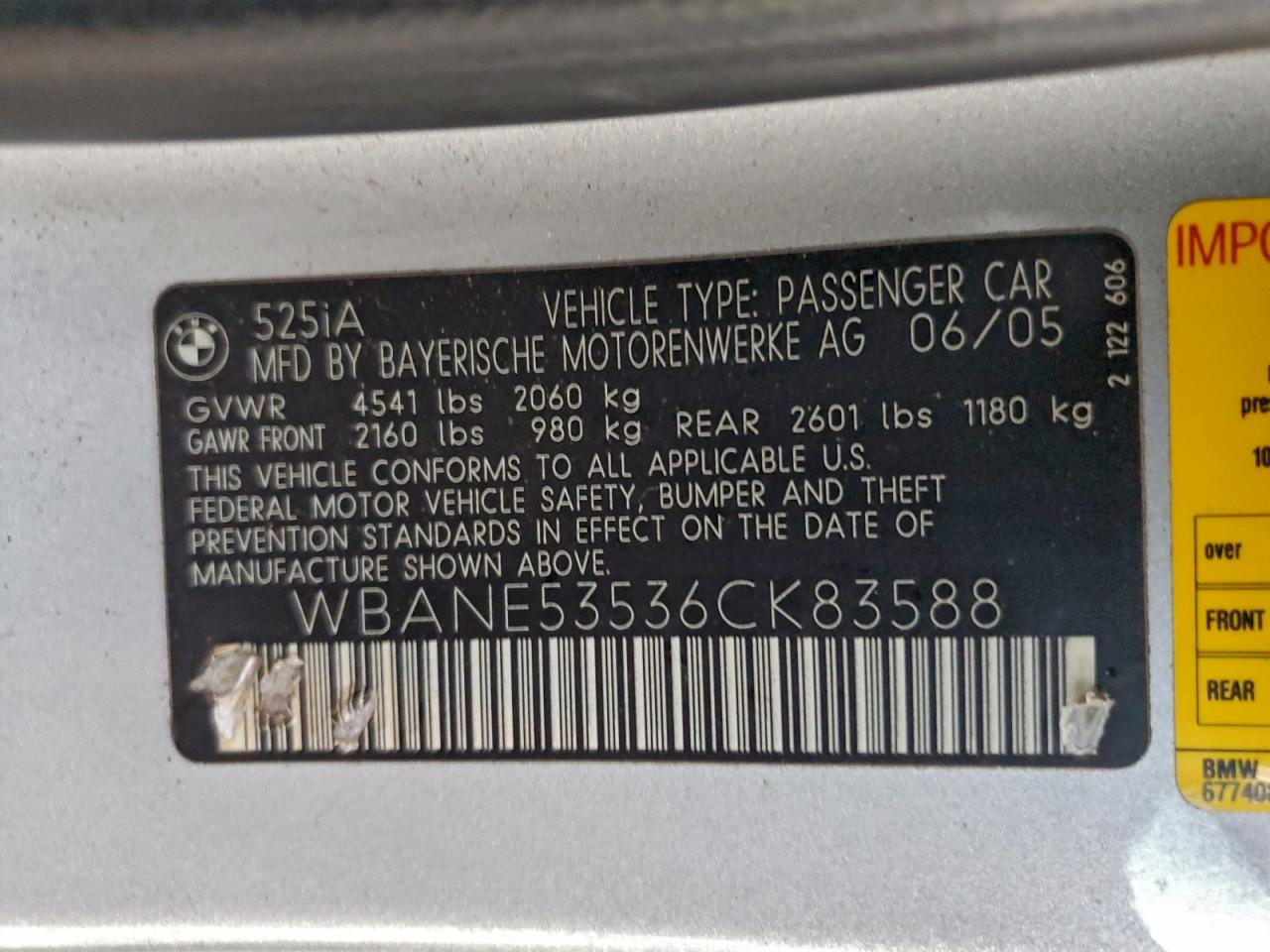 2006 BMW 525 I VIN: WBANE53536CK83588 Lot: 94400165