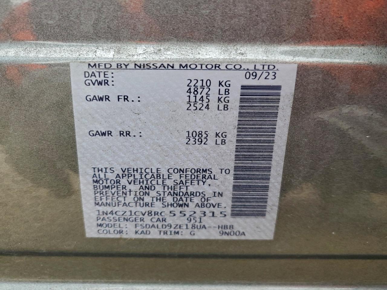 2024 Nissan Leaf Sv Plus VIN: 1N4CZ1CV8RC552315 Lot: 95775485