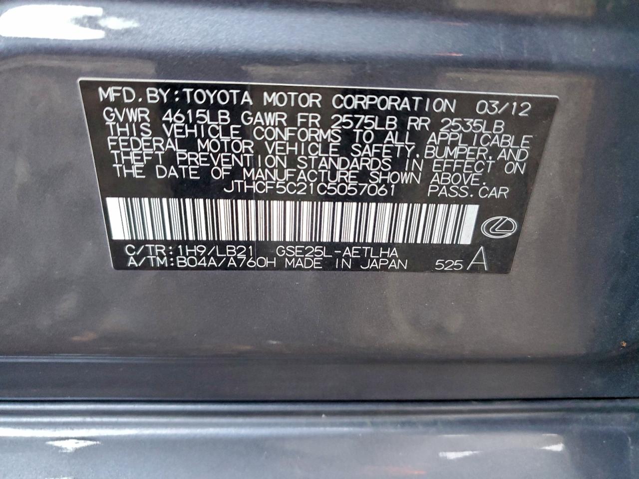 2012 Lexus Is 250 VIN: JTHCF5C21C5057061 Lot: 94908305