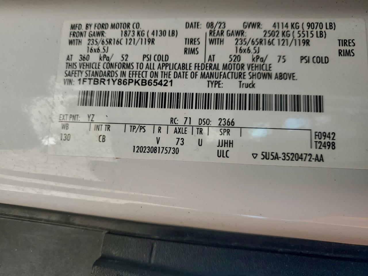 2023 Ford Transit T-250 VIN: 1FTBR1Y86PKB65421 Lot: 94932015