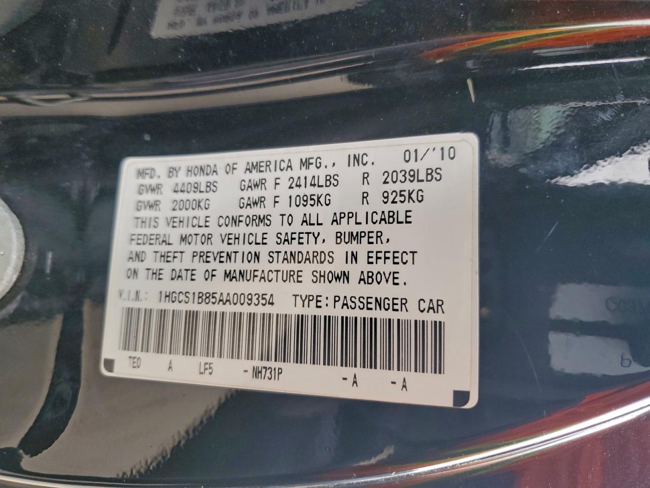 2010 Honda Accord Exl VIN: 1HGCS1B85AA009354 Lot: 95342565