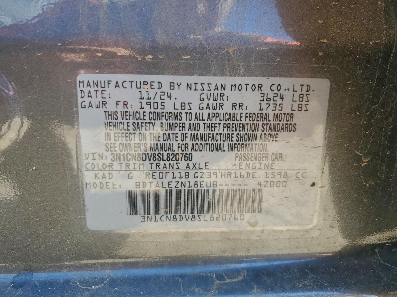 2025 Nissan Versa S VIN: 3N1CN8DV8SL820760 Lot: 95450345