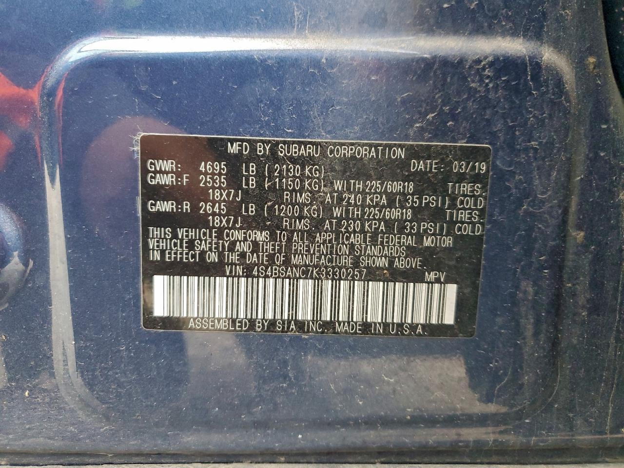 2019 Subaru Outback 2.5I Limited VIN: 4S4BSANC7K3330257 Lot: 95483515