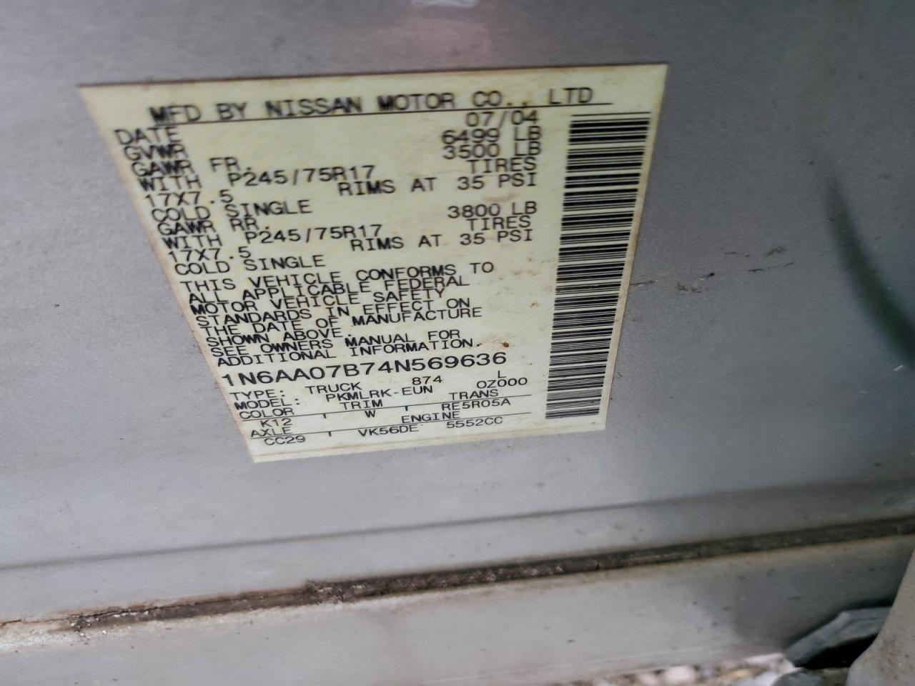 2004 Nissan Titan Xe VIN: 1N6AA07B74N569636 Lot: 94685055