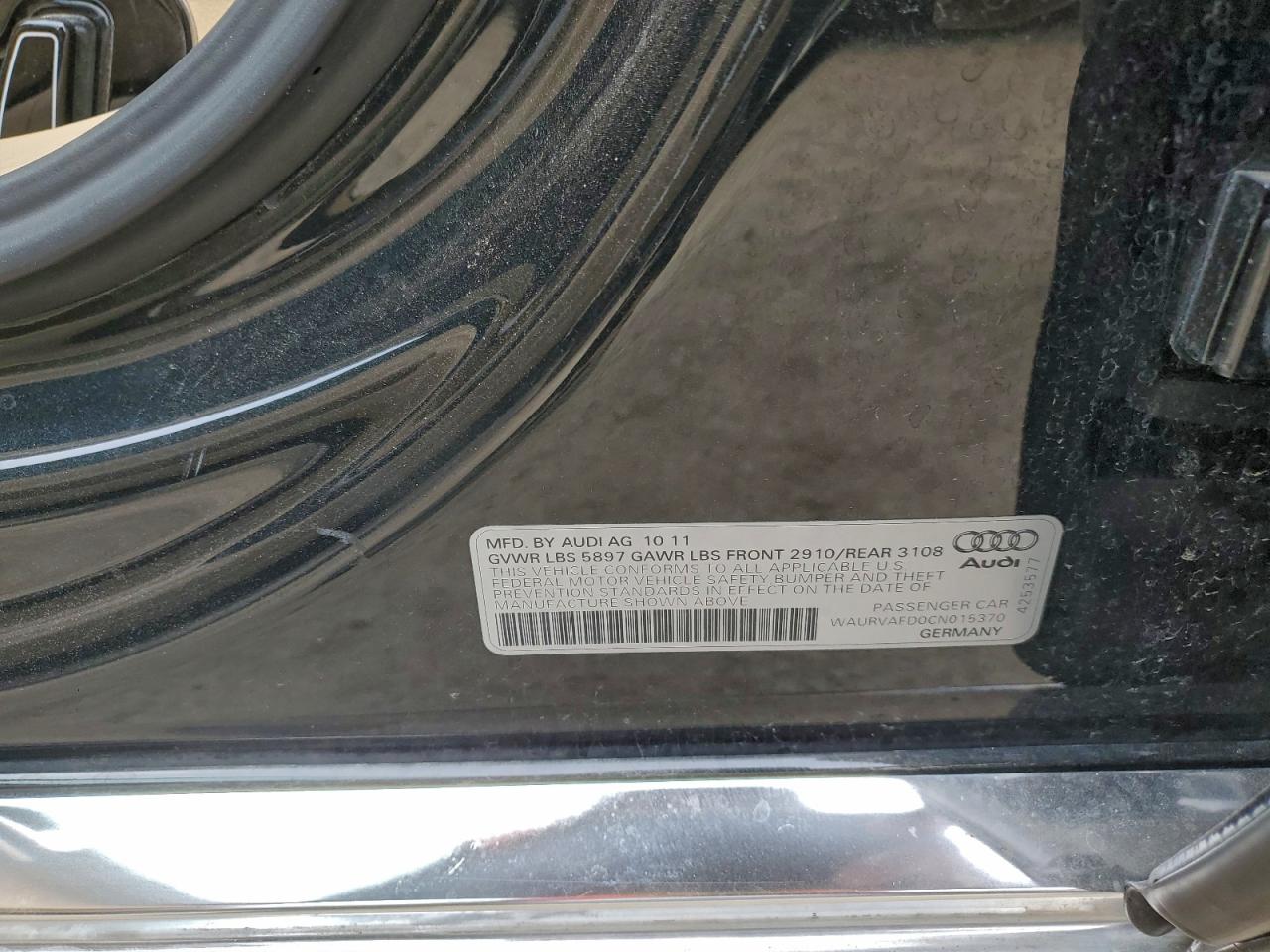 2012 Audi A8 L Quattro VIN: WAURVAFD0CN015370 Lot: 94832915