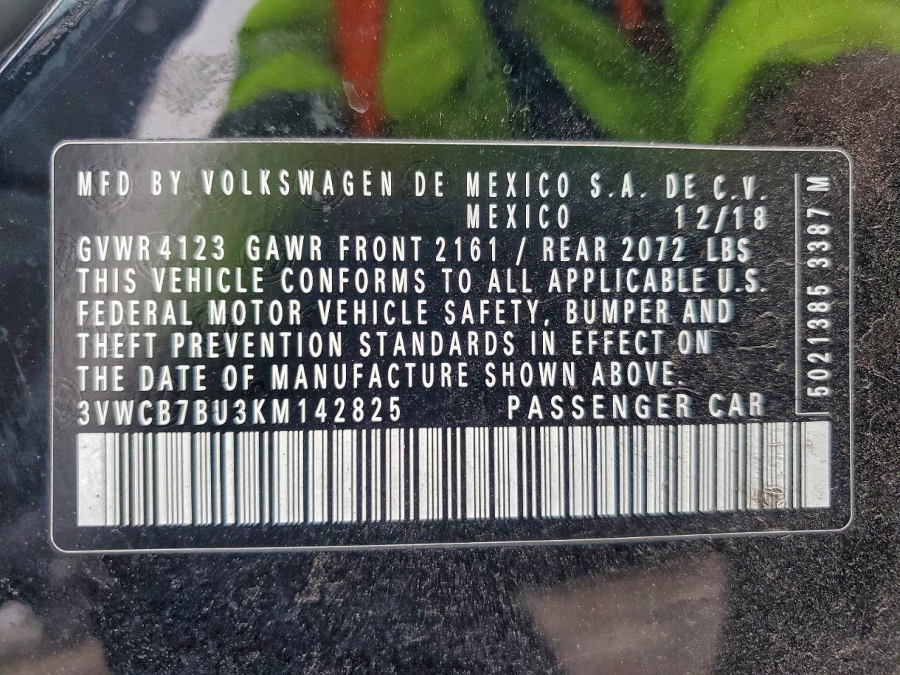 2019 Volkswagen Jetta S VIN: 3VWCB7BU3KM142825 Lot: 95219465