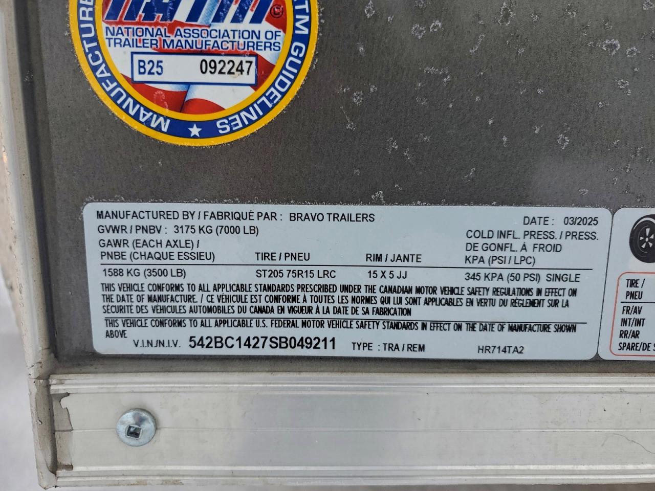 2025 Birl Unknown - Enclosed Cargo Trailer VIN: 542BC1427SB049211 Lot: 95876115