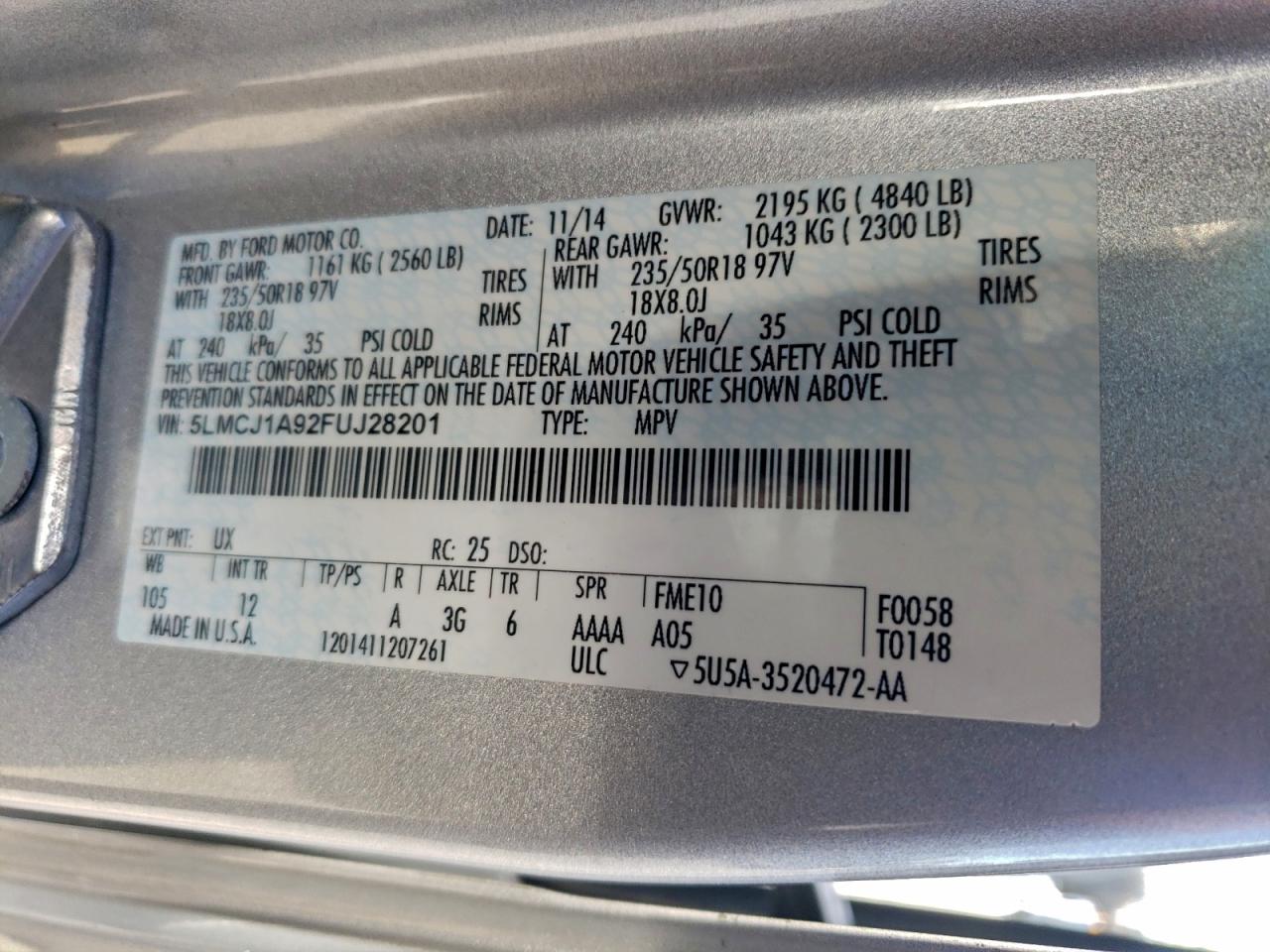 2015 Lincoln Mkc VIN: 5LMCJ1A92FUJ28201 Lot: 96105935