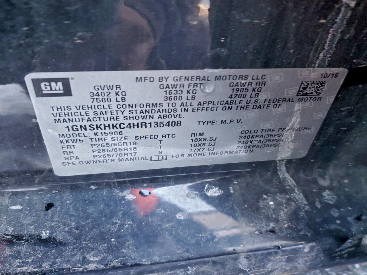 2017 Chevrolet Suburban K1500 Lt VIN: 1GNSKHKC4HR135408 Lot: 94858885