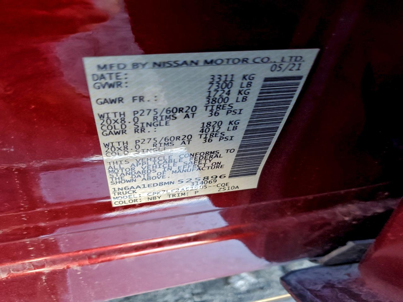 2021 Nissan Titan Sv VIN: 1N6AA1ED8MN525896 Lot: 96584685