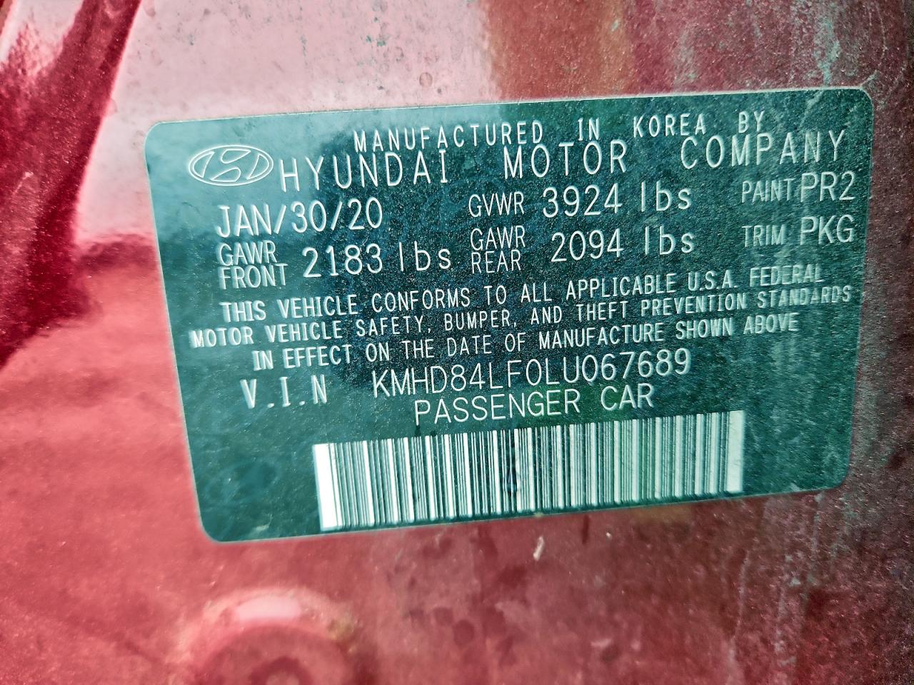 2020 Hyundai Elantra Sel VIN: KMHD84LF0LU067689 Lot: 94581445