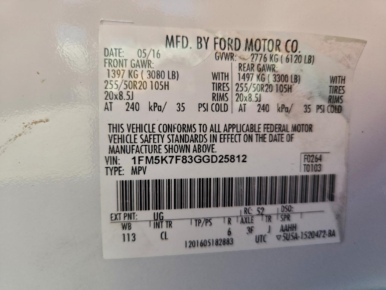 2016 Ford Explorer Limited VIN: 1FM5K7F83GGD25812 Lot: 95132845