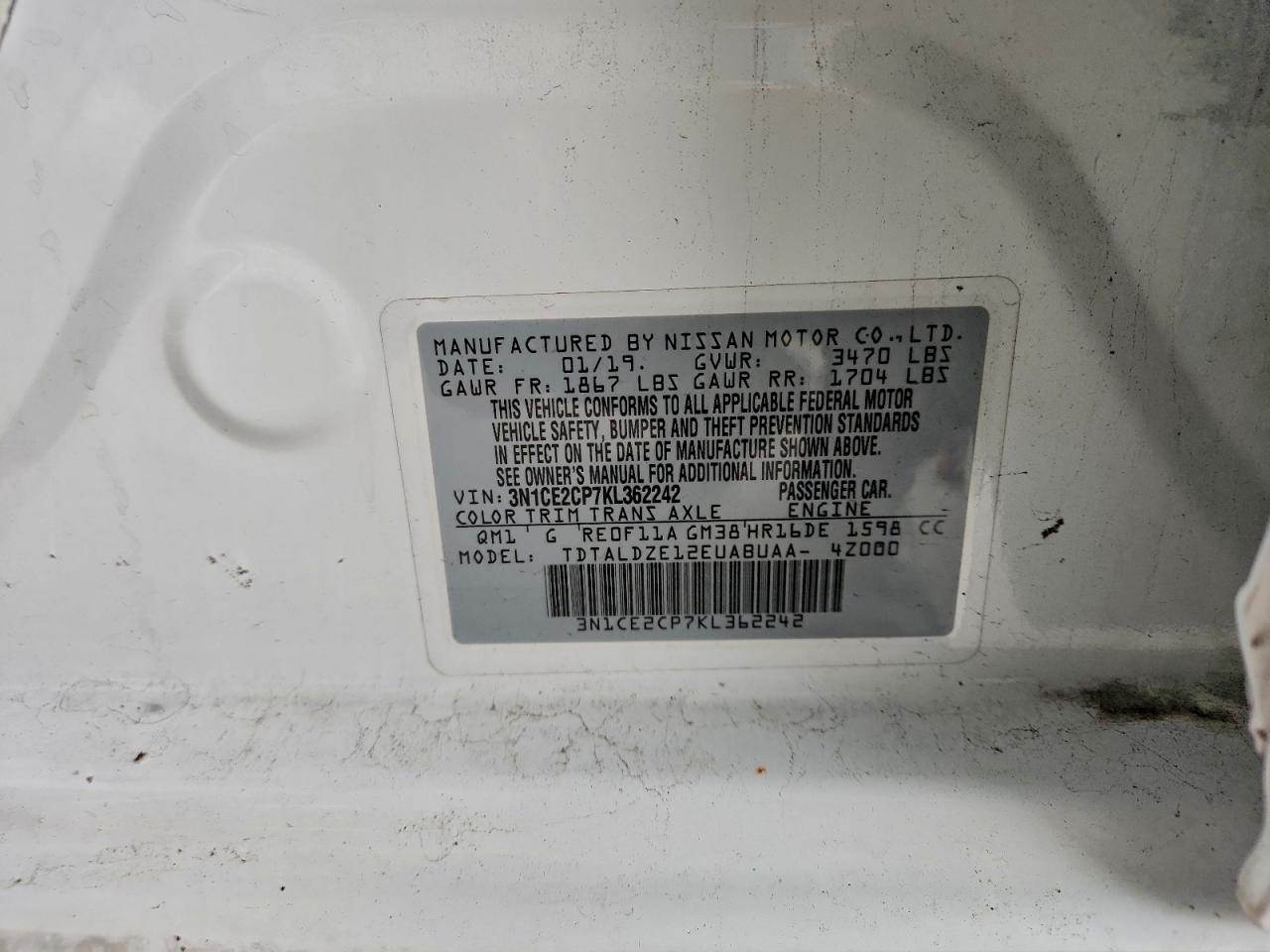 2019 Nissan Versa Note S VIN: 3N1CE2CP7KL362242 Lot: 93823675