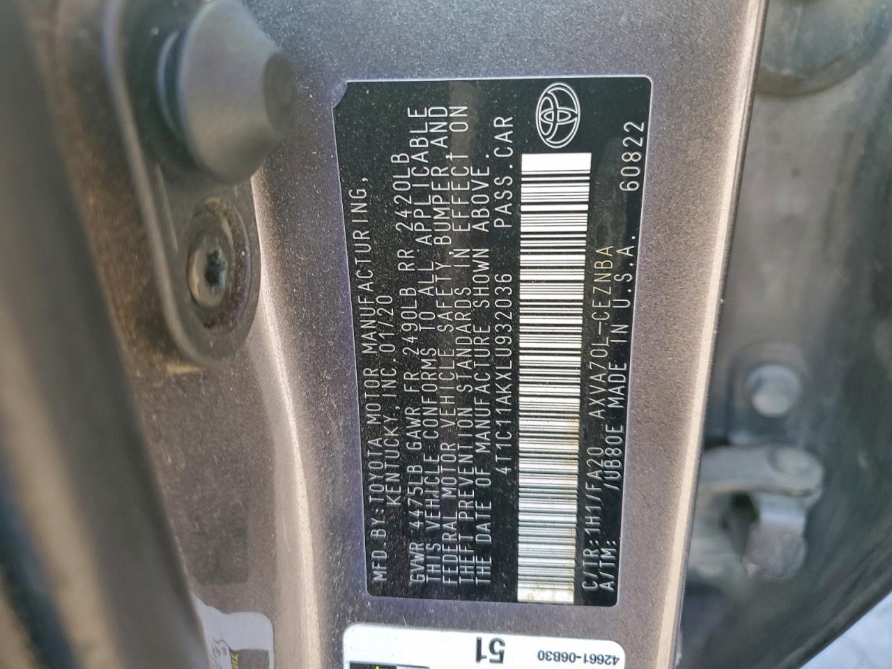 2020 Toyota Camry Le VIN: 4T1C11AKXLU932036 Lot: 96287785