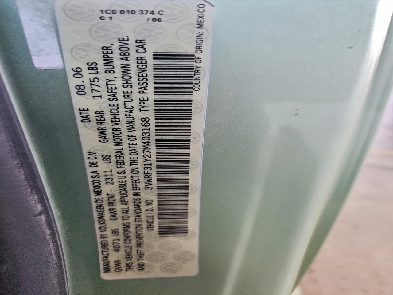 2007 Volkswagen New Beetle Convertible Option Package 1 VIN: 3VWRF31Y27M403168 Lot: 97362145