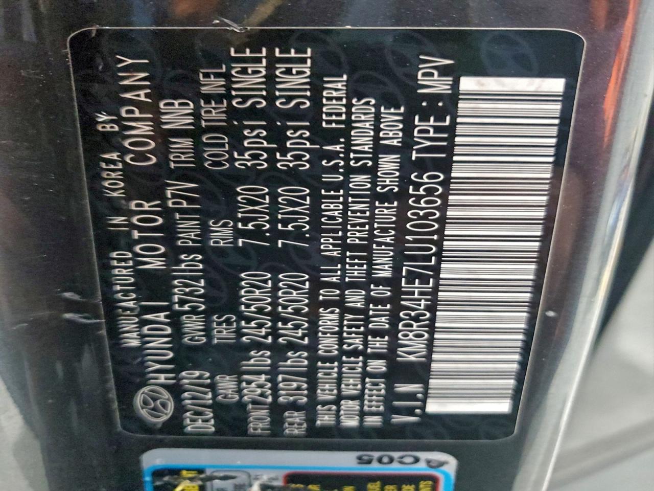 2020 Hyundai Palisade Sel VIN: KM8R34HE7LU103656 Lot: 96110025