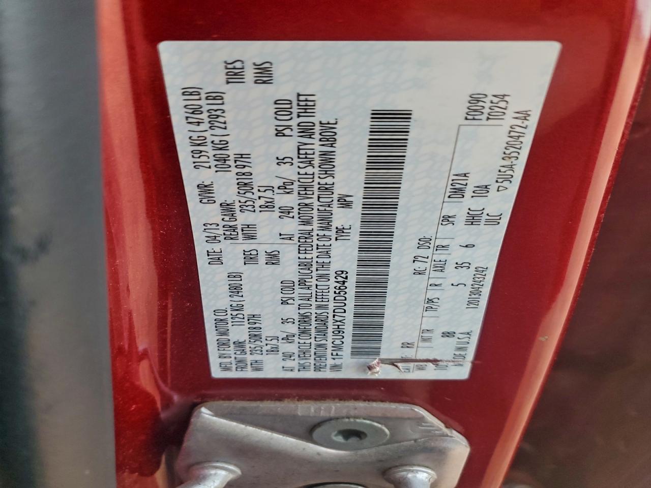 2013 Ford Escape Sel VIN: 1FMCU9HX7DUD56429 Lot: 96203165