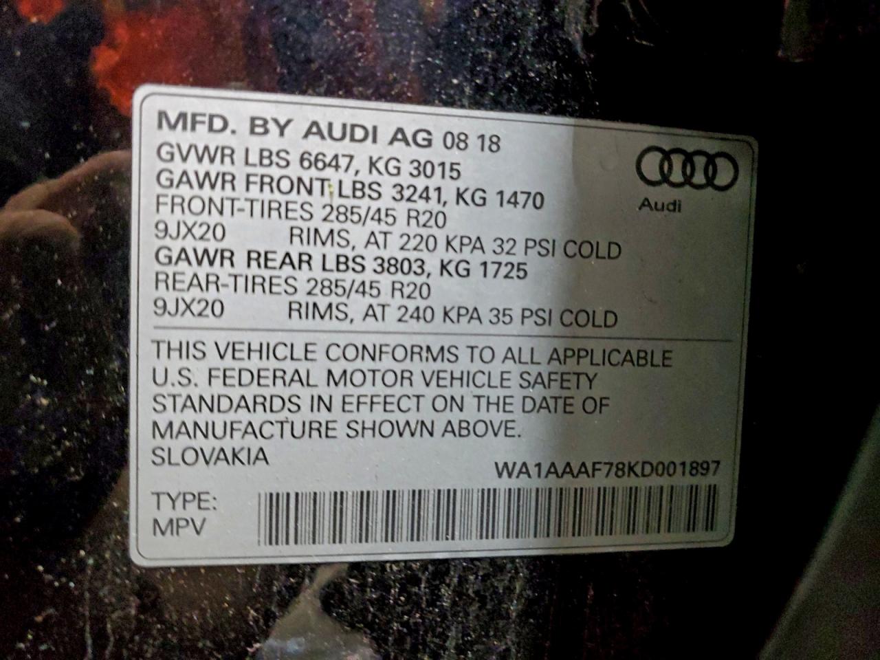 2019 Audi Q7 Premium VIN: WA1AAAF78KD001897 Lot: 95463165