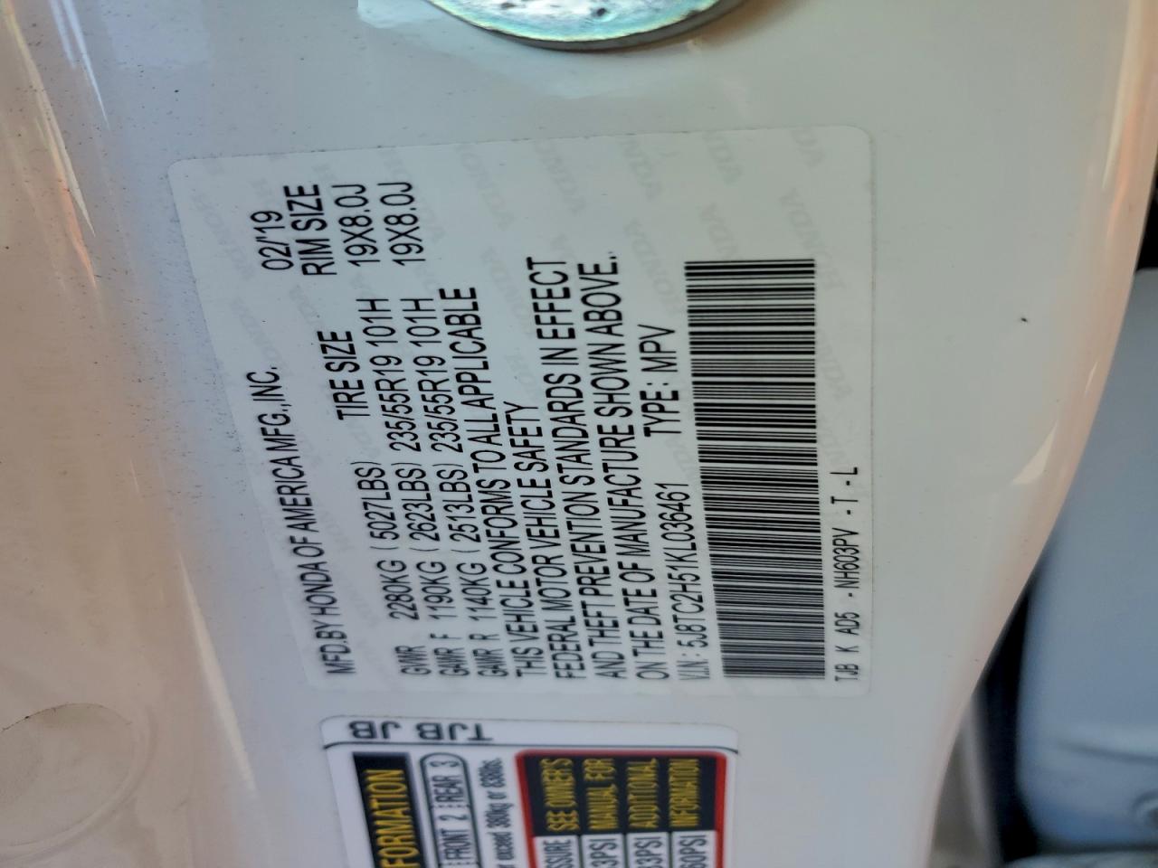 2019 Acura Rdx Technology VIN: 5J8TC2H51KL036461 Lot: 94317065