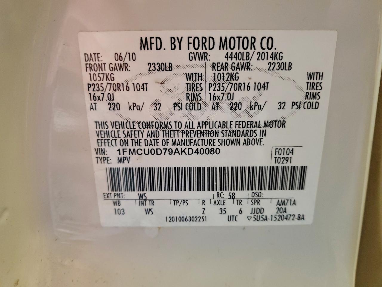 2010 Ford Escape Xlt VIN: 1FMCU0D79AKD40080 Lot: 92767595