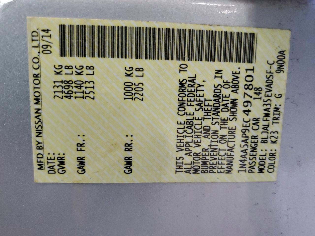 2014 Nissan Maxima S VIN: 1N4AA5AP9EC497801 Lot: 95277565