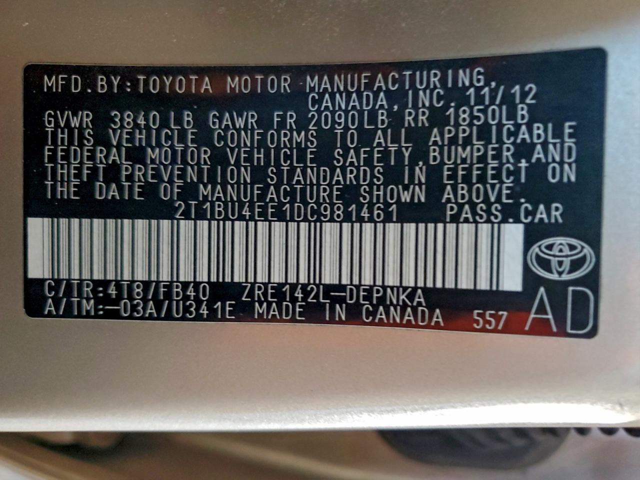 2013 Toyota Corolla Base VIN: 2T1BU4EE1DC981461 Lot: 95209705