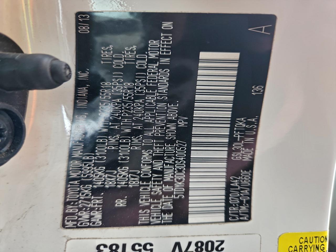 2013 Toyota Sienna Xle VIN: 5TDYK3DC3DS400527 Lot: 96003315