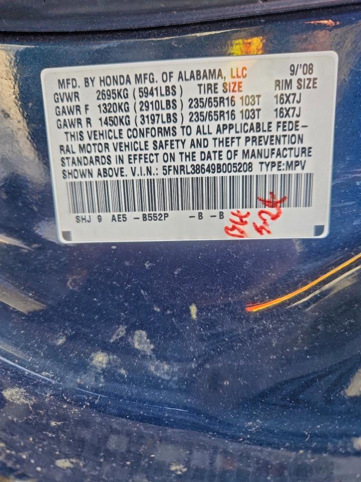 2009 Honda Odyssey Exl VIN: 5FNRL38649B005208 Lot: 95761325