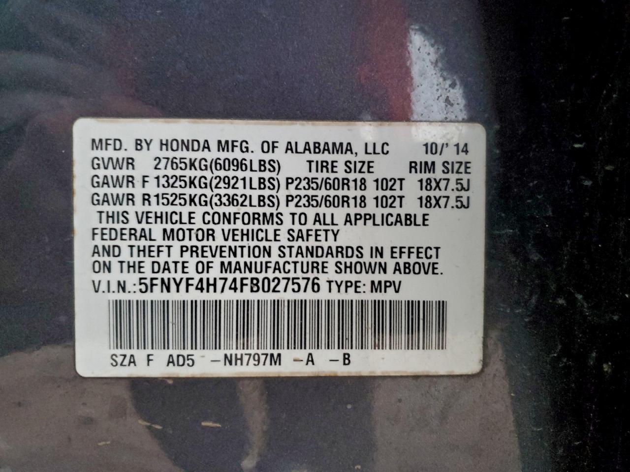 2015 Honda Pilot Exln VIN: 5FNYF4H74FB027576 Lot: 95963885