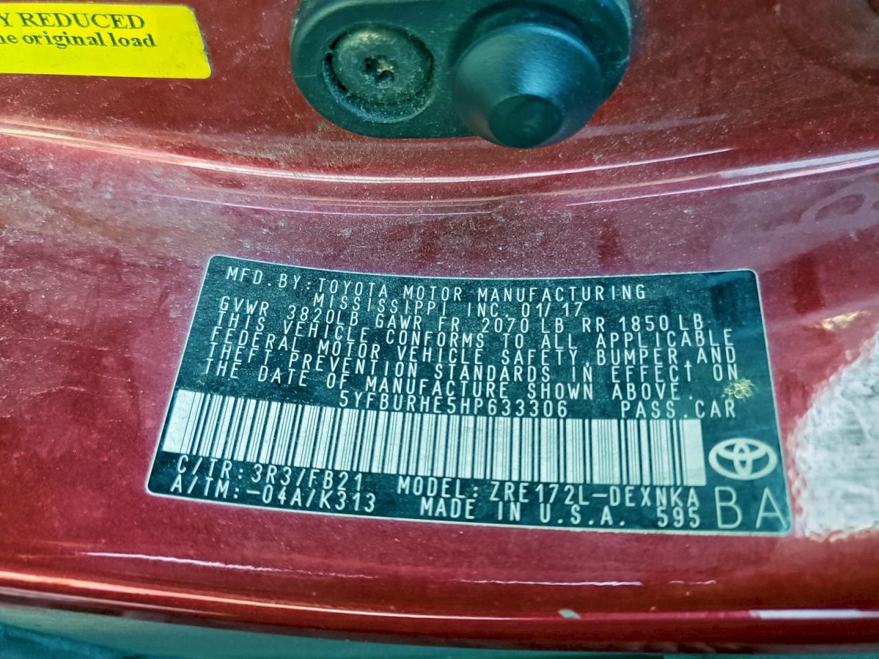 2017 Toyota Corolla L VIN: 5YFBURHE5HP633306 Lot: 96413375