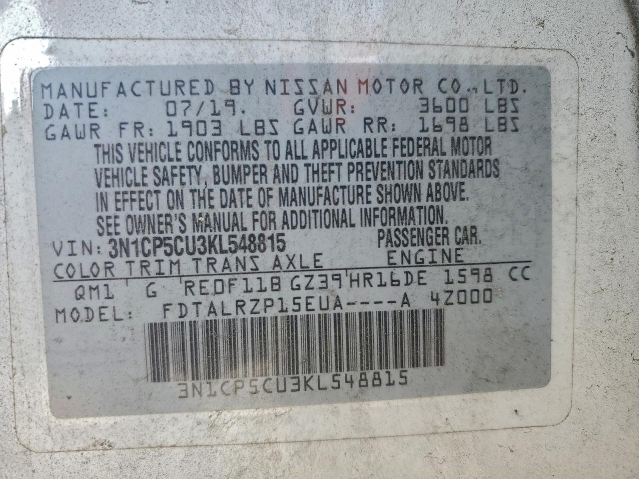 2019 Nissan Kicks S VIN: 3N1CP5CU3KL548815 Lot: 95345325