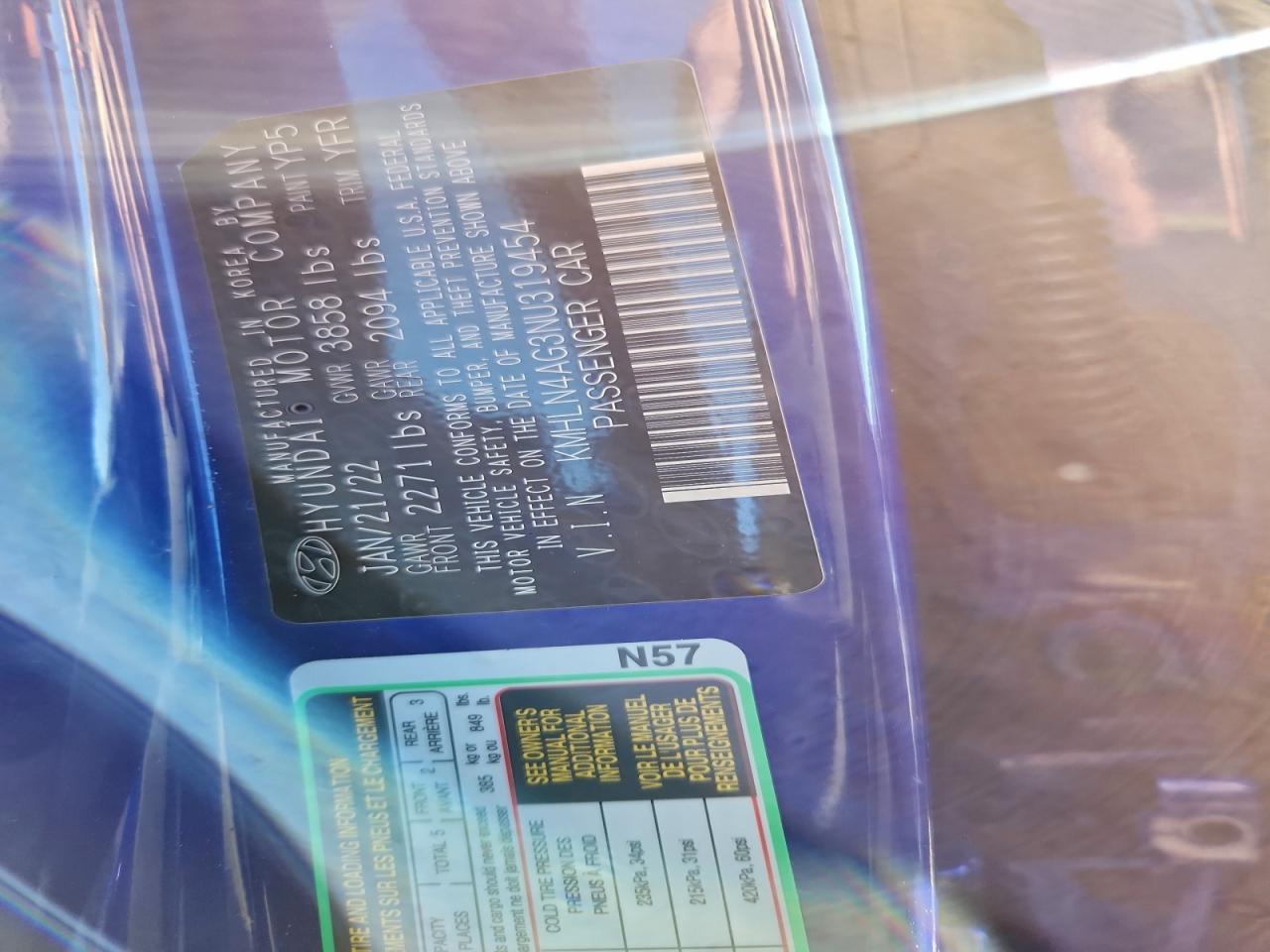 2022 Hyundai Elantra Sel VIN: KMHLN4AG3NU319454 Lot: 97491875