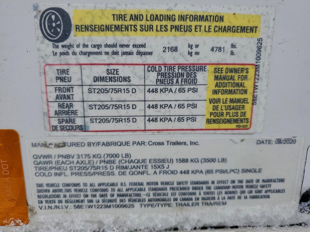 2021 Cross Enclosed Cargo Trailer VIN: 58E1W1223M1009625 Lot: 94322565