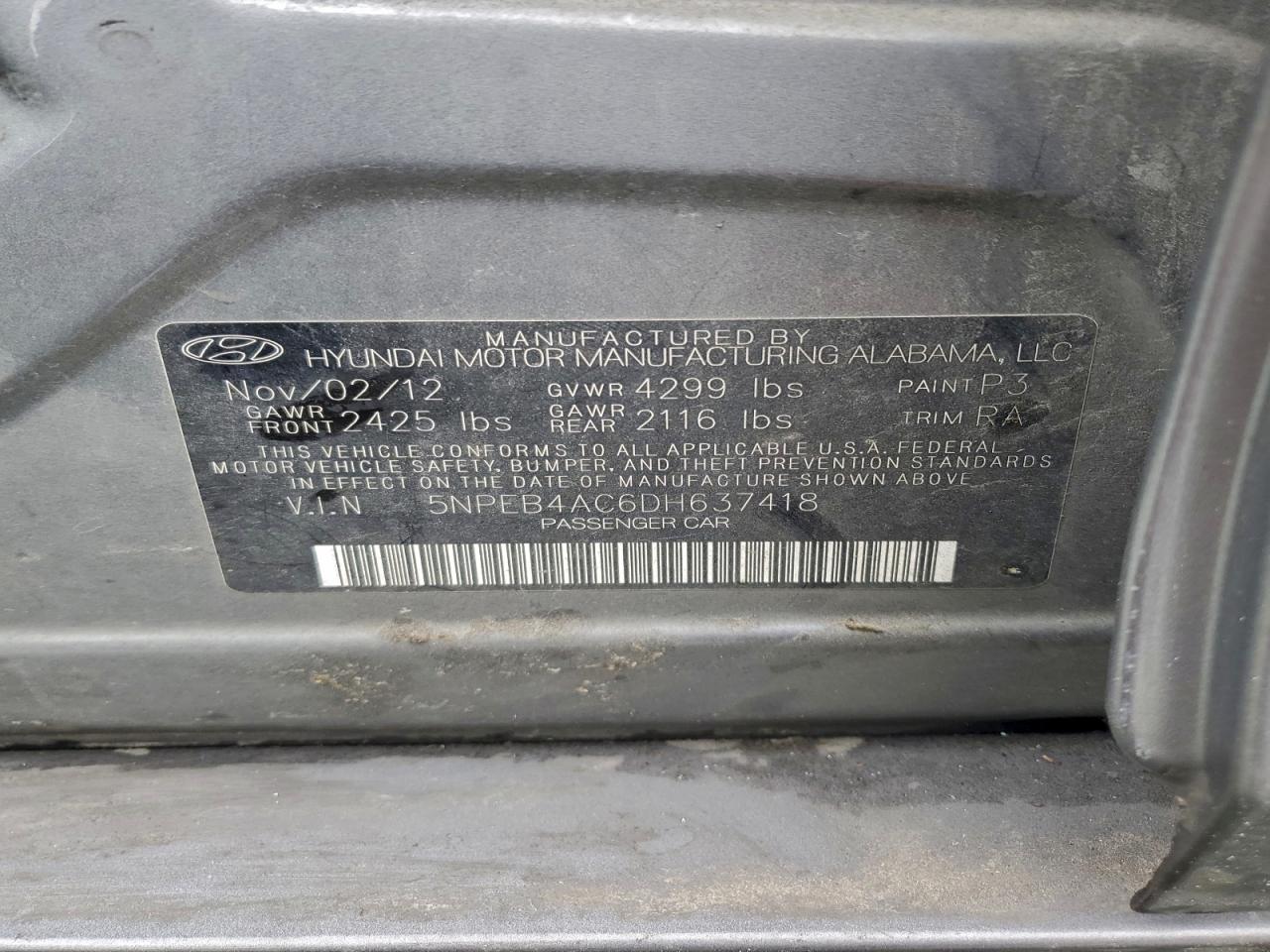 2013 Hyundai Sonata Gls VIN: 5NPEB4AC6DH637418 Lot: 95672145