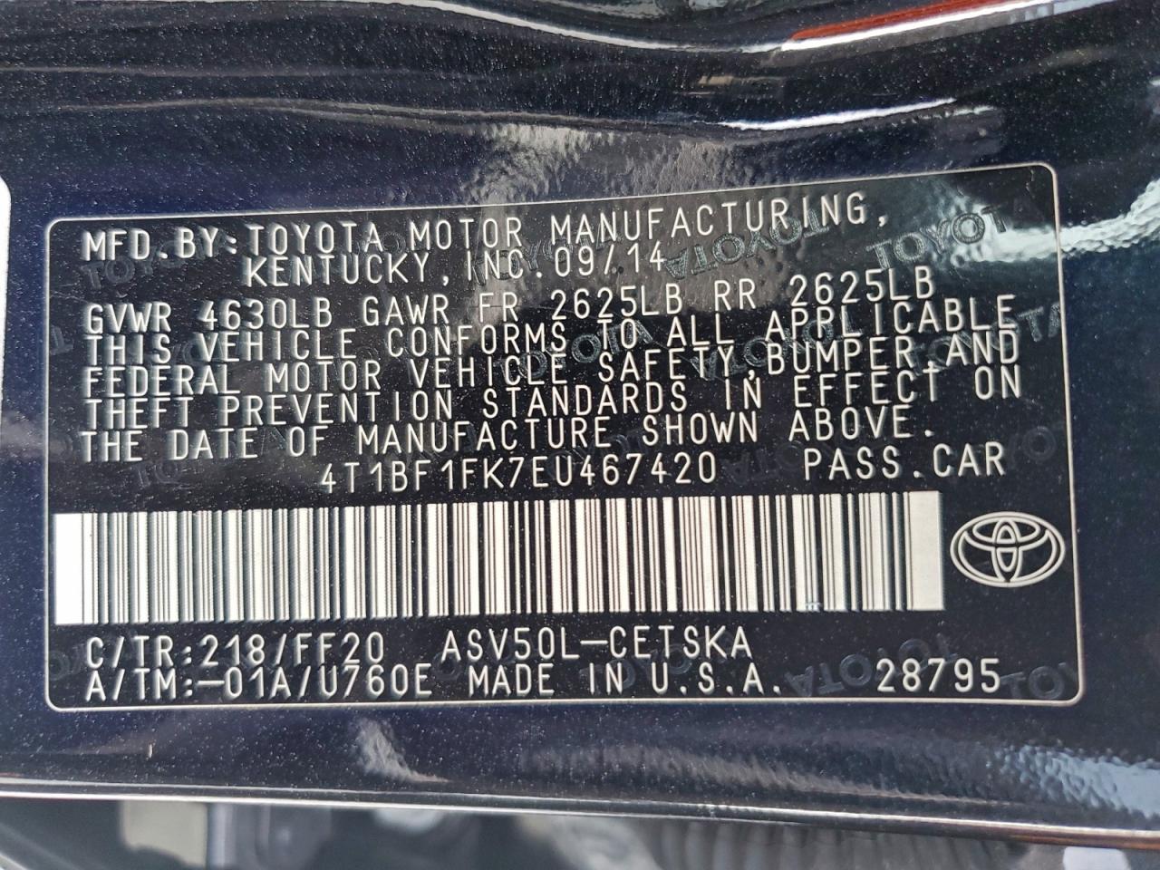 2014 Toyota Camry L VIN: 4T1BF1FK7EU467420 Lot: 95123665