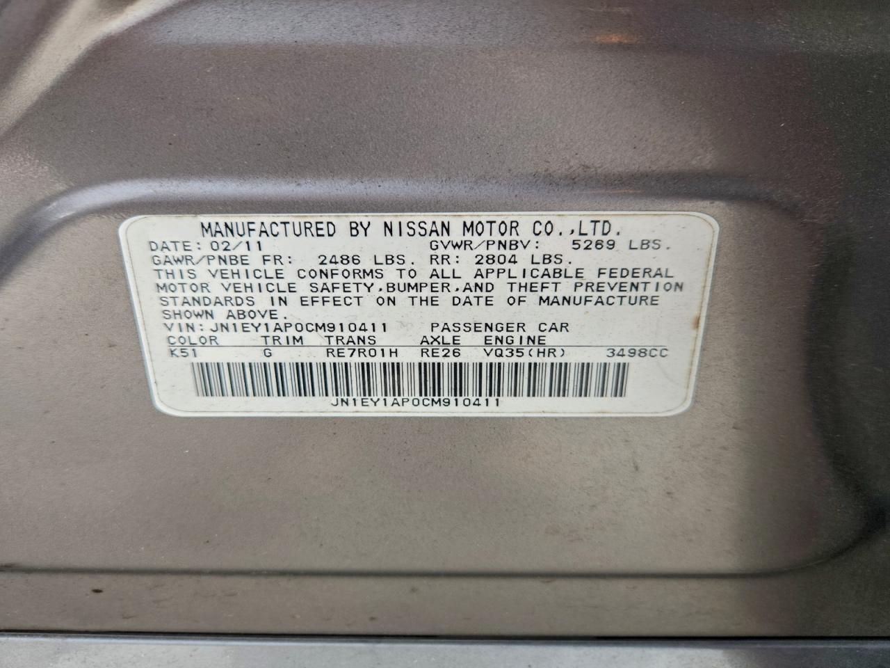2012 Infiniti M35H VIN: JN1EY1AP0CM910411 Lot: 95491245