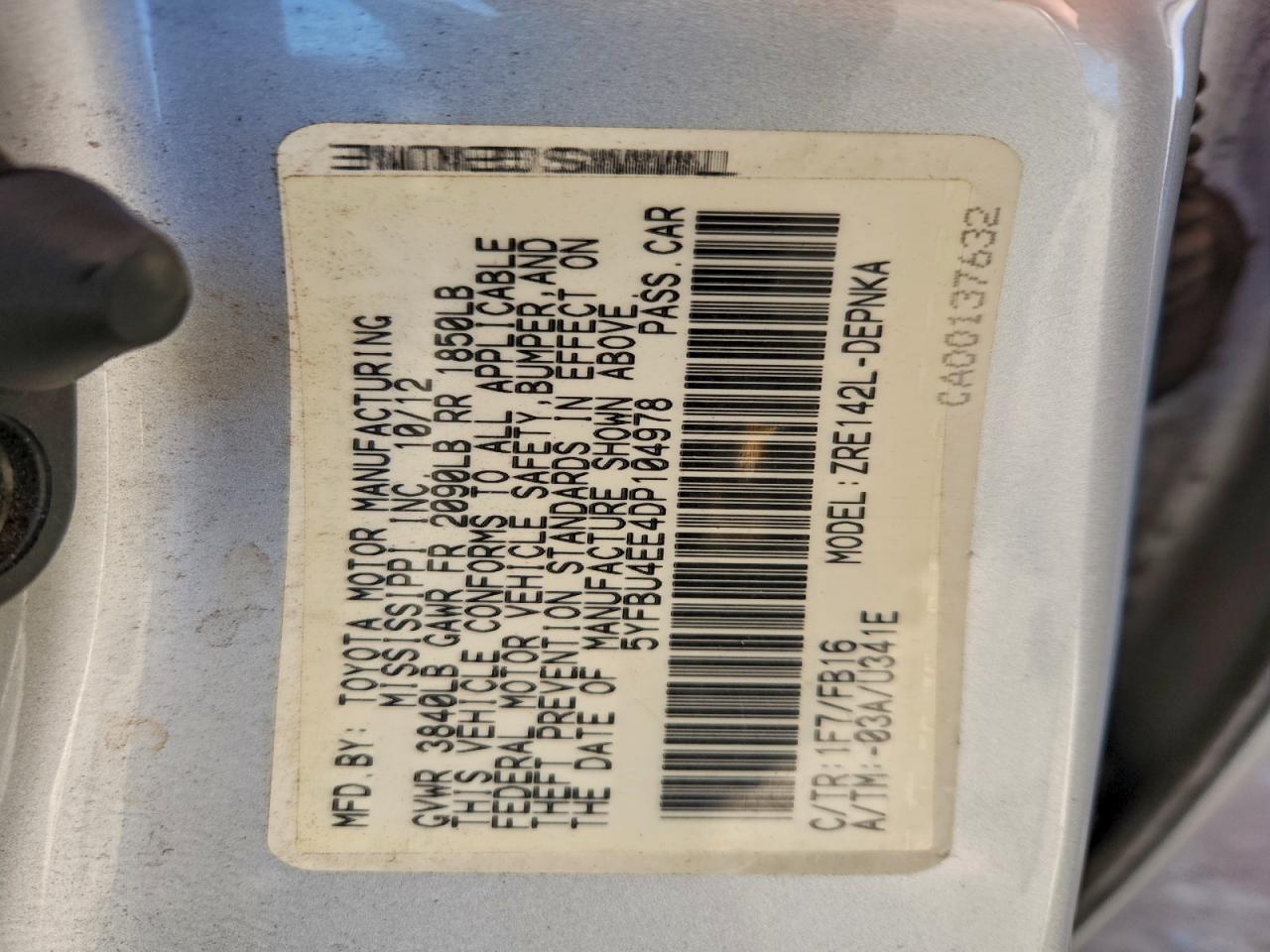 2013 Toyota Corolla Base VIN: 5YFBU4EE4DP104978 Lot: 93336925