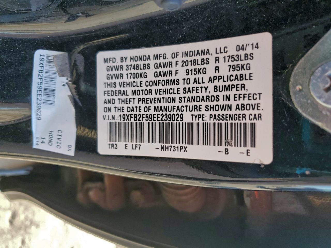 2014 Honda Civic Lx VIN: 19XFB2F59EE239029 Lot: 92747735